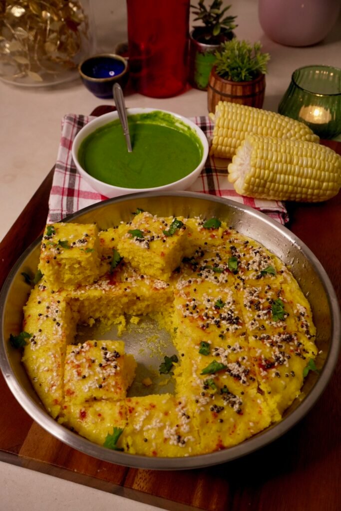 Sweet Corn Dhokla And Coriander Chutney - Meghna Food Magic