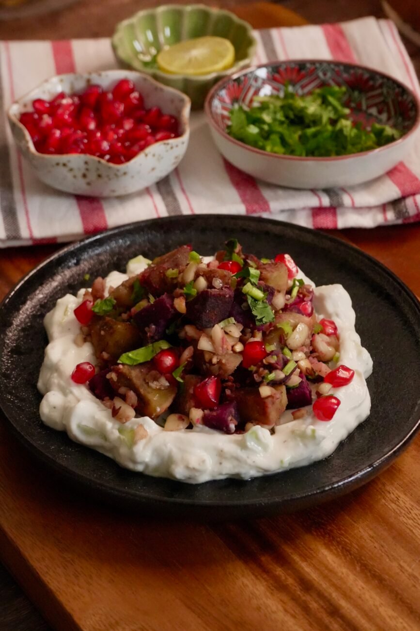 Crispy sweet potato with cucumber yogurt raita