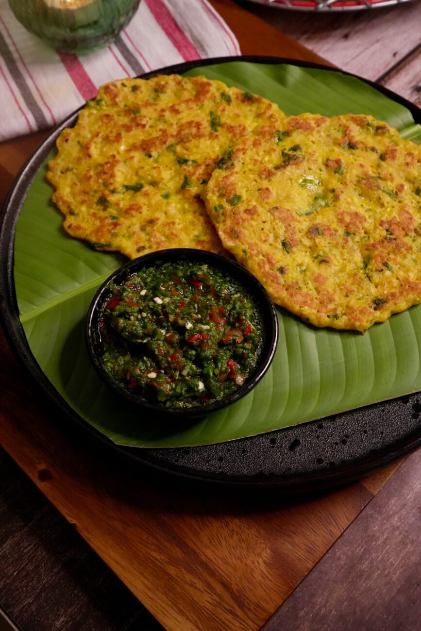 Sweetcorn Chila with Spicy Coriander Chutney