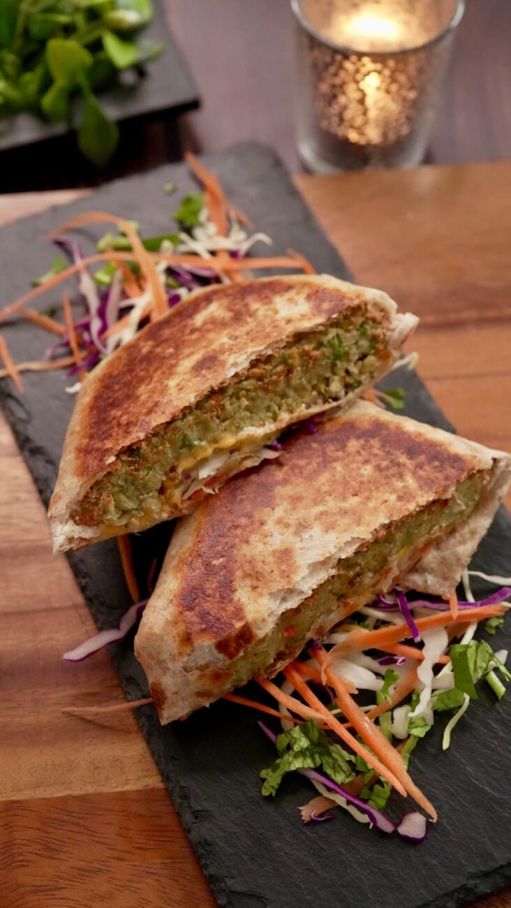 CHOLE TIKKI PARCEL WITH BURNT BELL PEPPER DIP