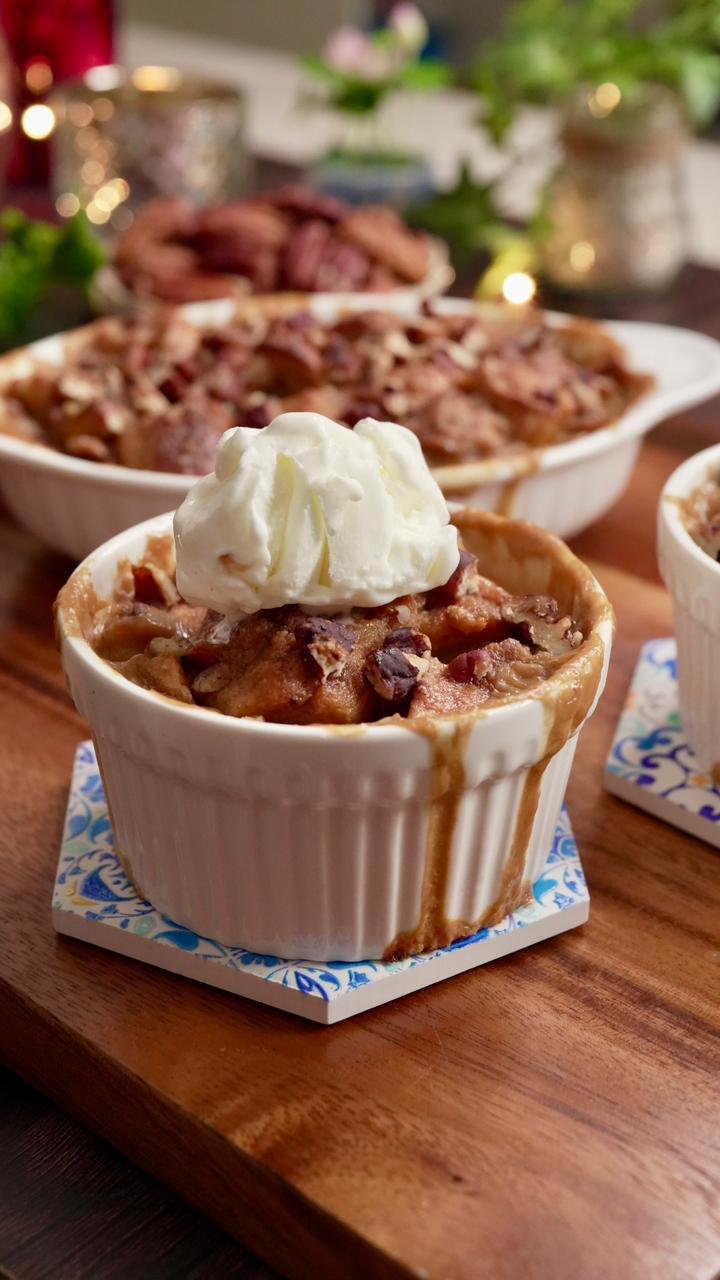 EGGLESS COFFEE PECAN BREAD PUDDING